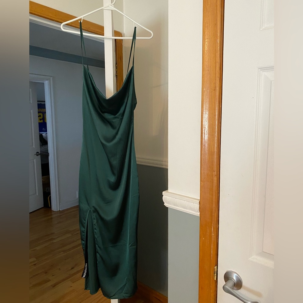 Satin long dress with slit NWT